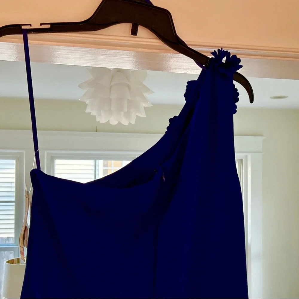 Xscape Cobalt Blue Floral One-Shoulder Maxi Dress